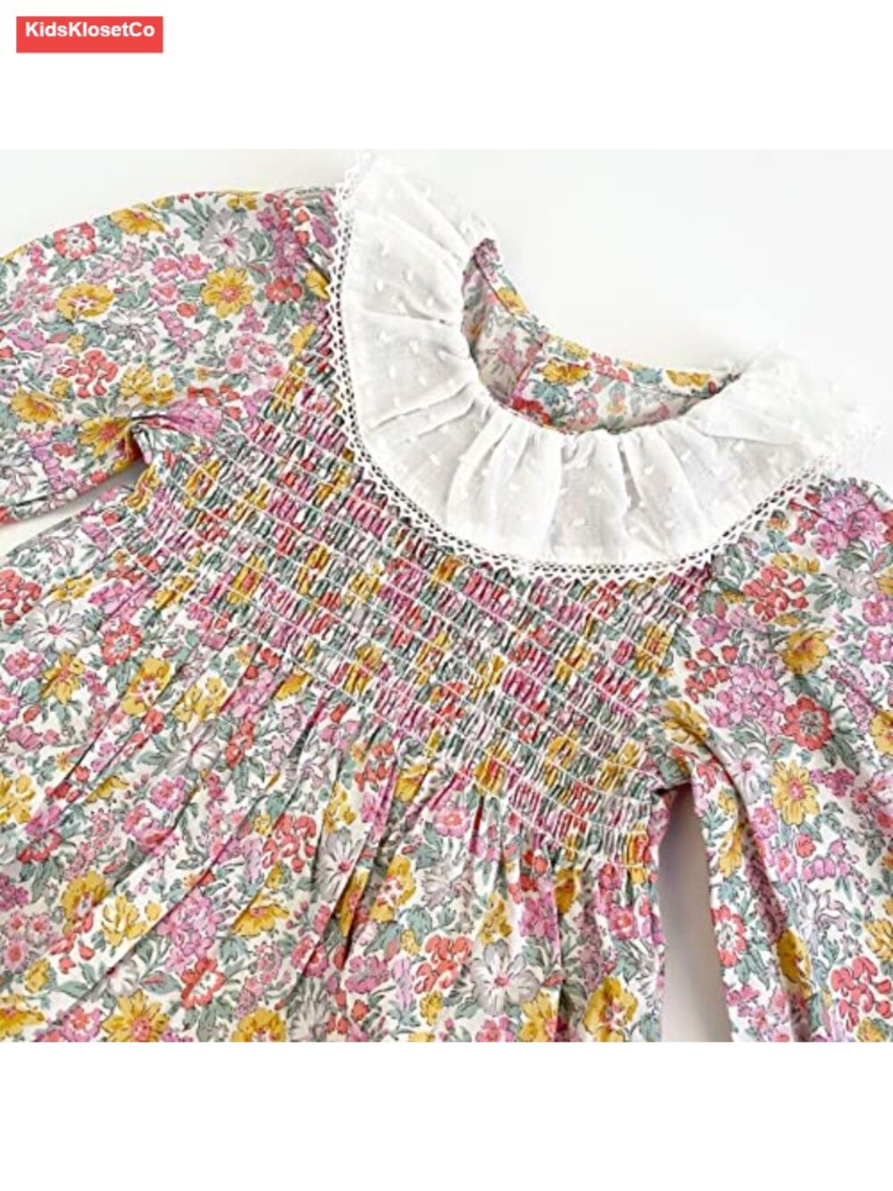 Baby Girl Floral Romper Long Sleeve Cotton Smocked Crotch Button - Picture 2 of 5